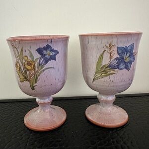 Clay Pottery goblet Set Of 2. 5 Inches Tall Floral Design Hand Painted